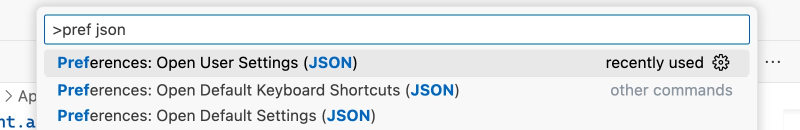 VS Code user settings in command palette VS Code user settings in command palette